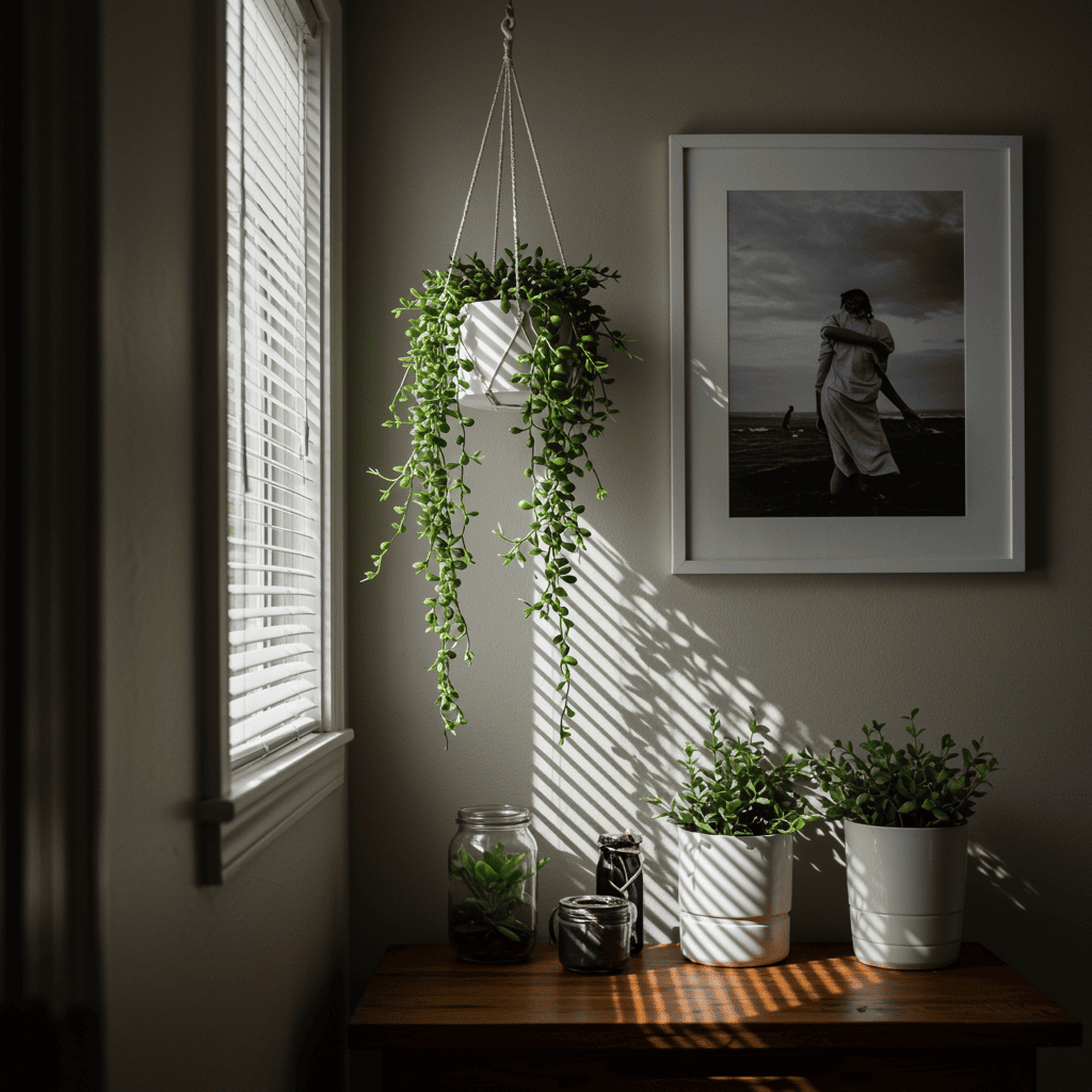 Small apartment corner with faux hanging succulent