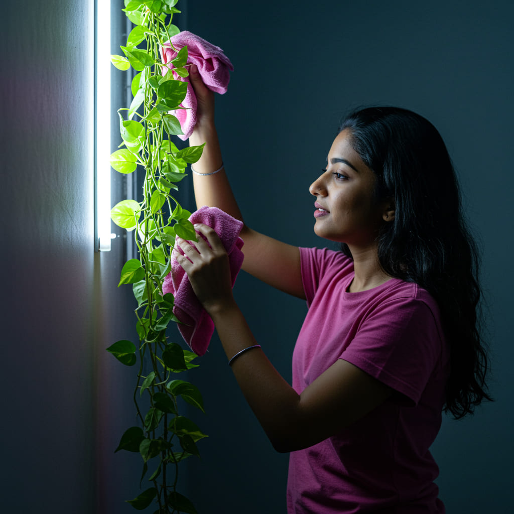 Hand wiping artificial hanging leaves with soft cloth