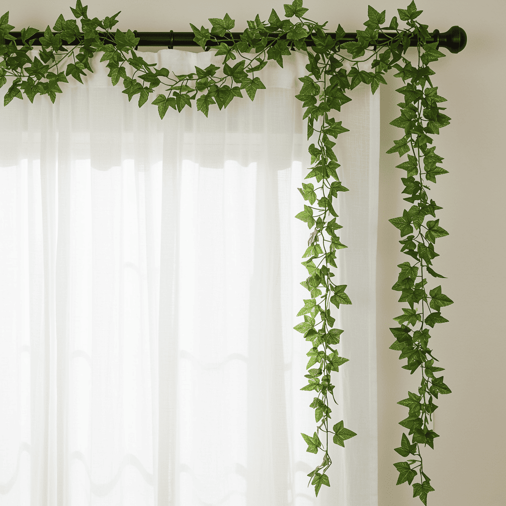 Trailing artificial ivy vines over curtain rod