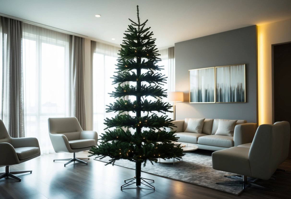 An artificial tree stands tall in a modern living room, surrounded by sleek furniture and bathed in natural light from a nearby window