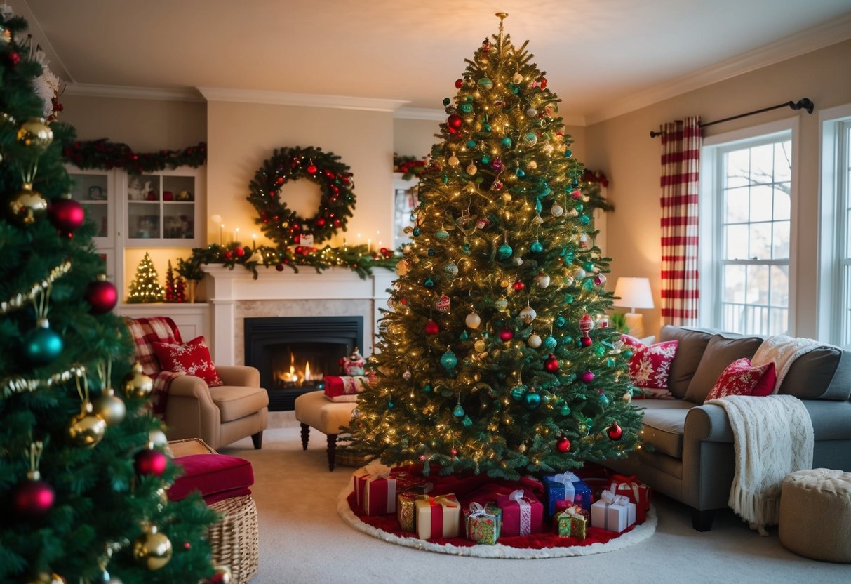A cozy living room with a large artificial tree adorned with twinkling lights and colorful ornaments, surrounded by festive decorations and cozy furniture