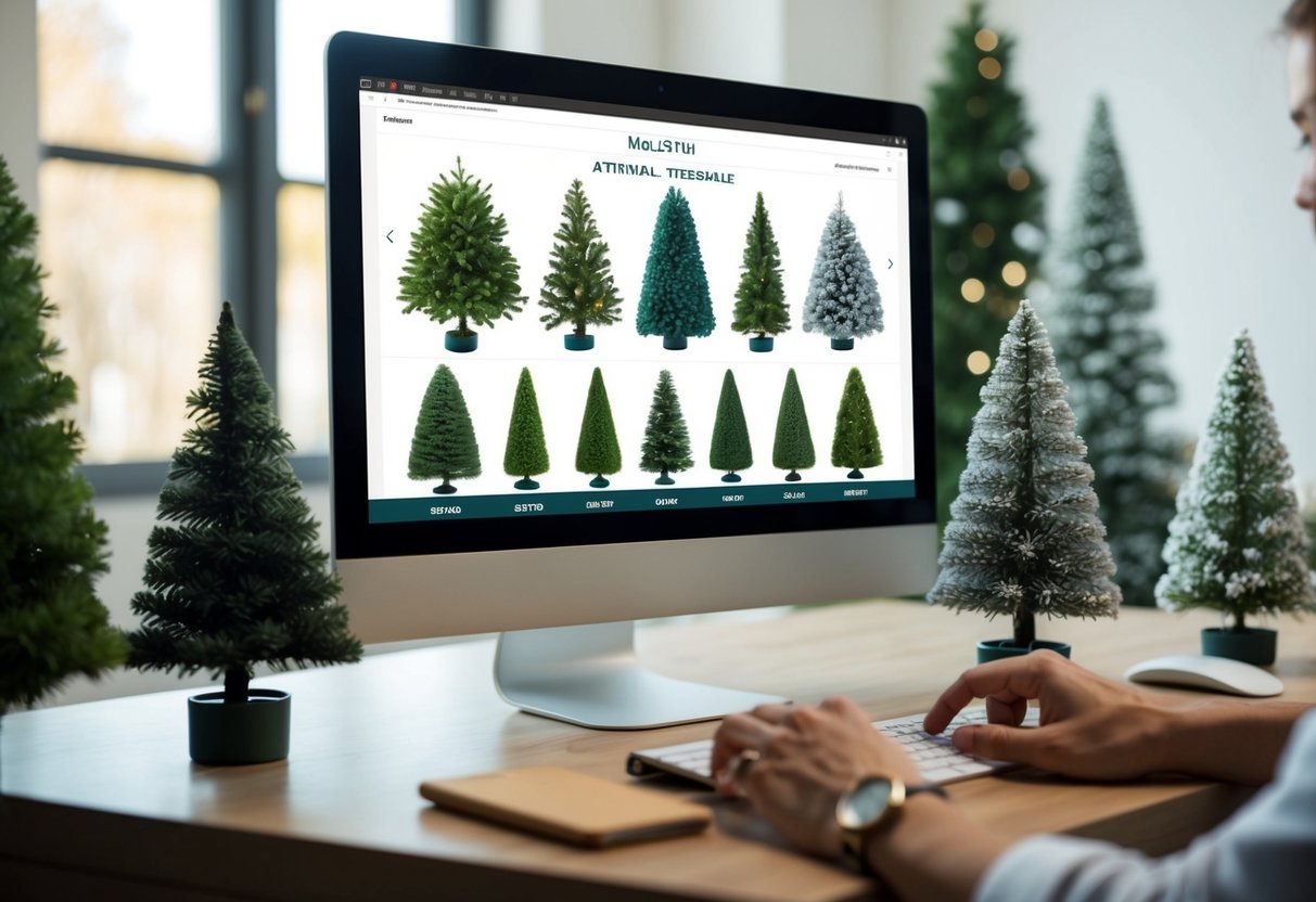 A computer screen displaying a variety of artificial trees for sale, with detailed images and options for size and color