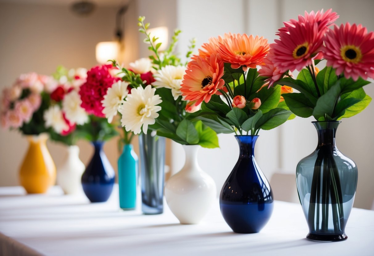 A table with various artificial flower arrangements in vases