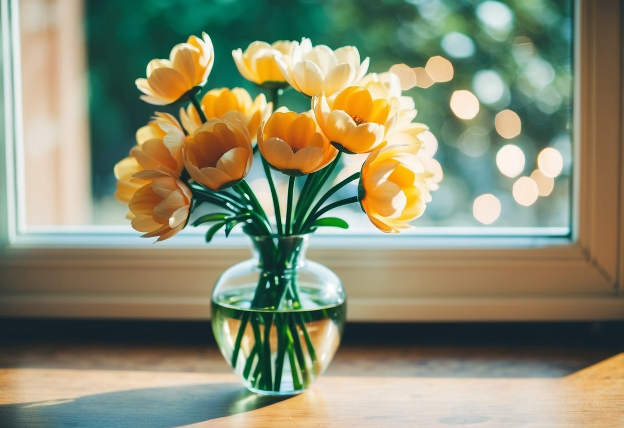 A vase of artificial flowers sits on a wooden table near a window, casting soft light on the petals