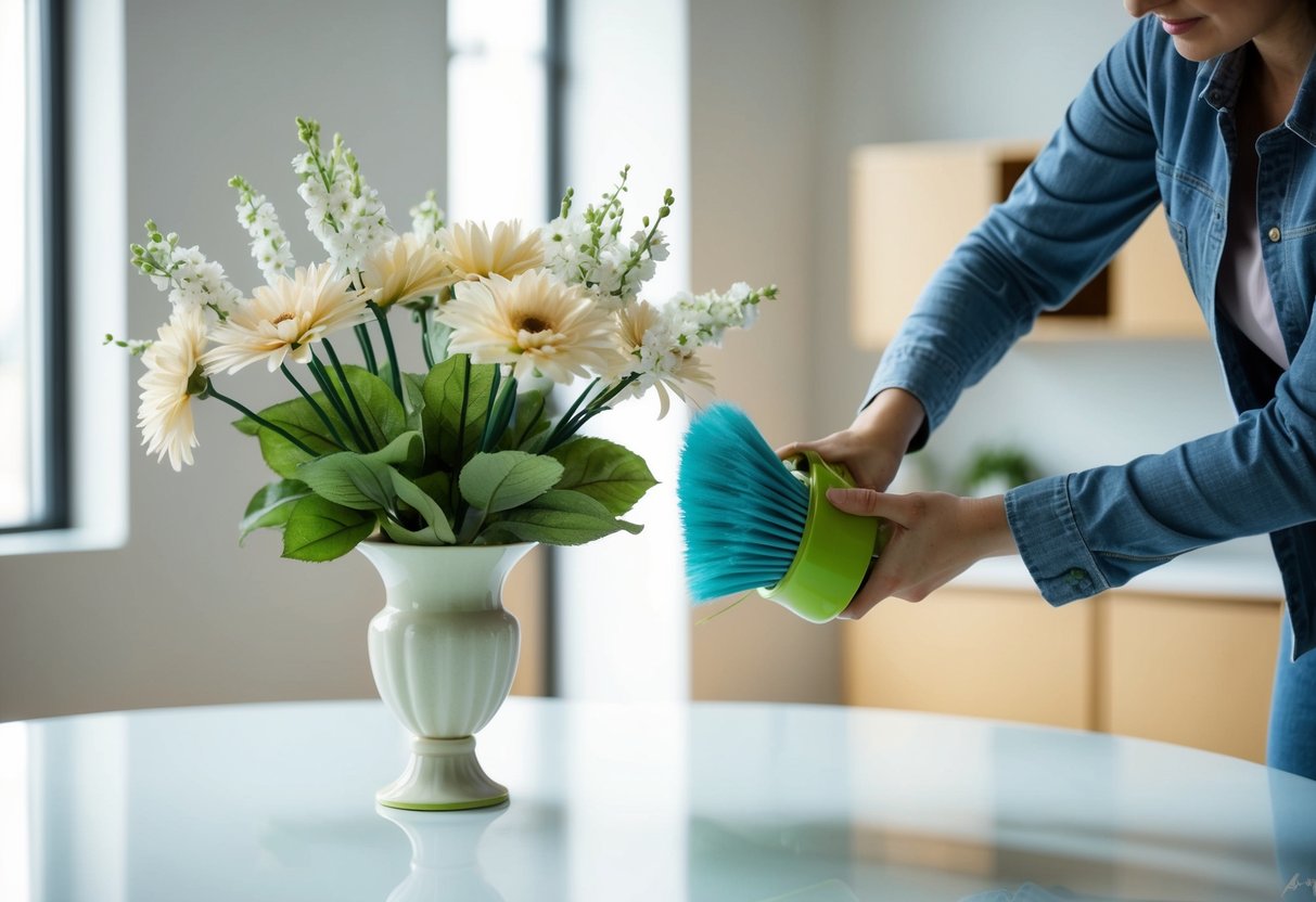 A person gently dusting and arranging artificial flowers in a vase on a clean, well-lit table