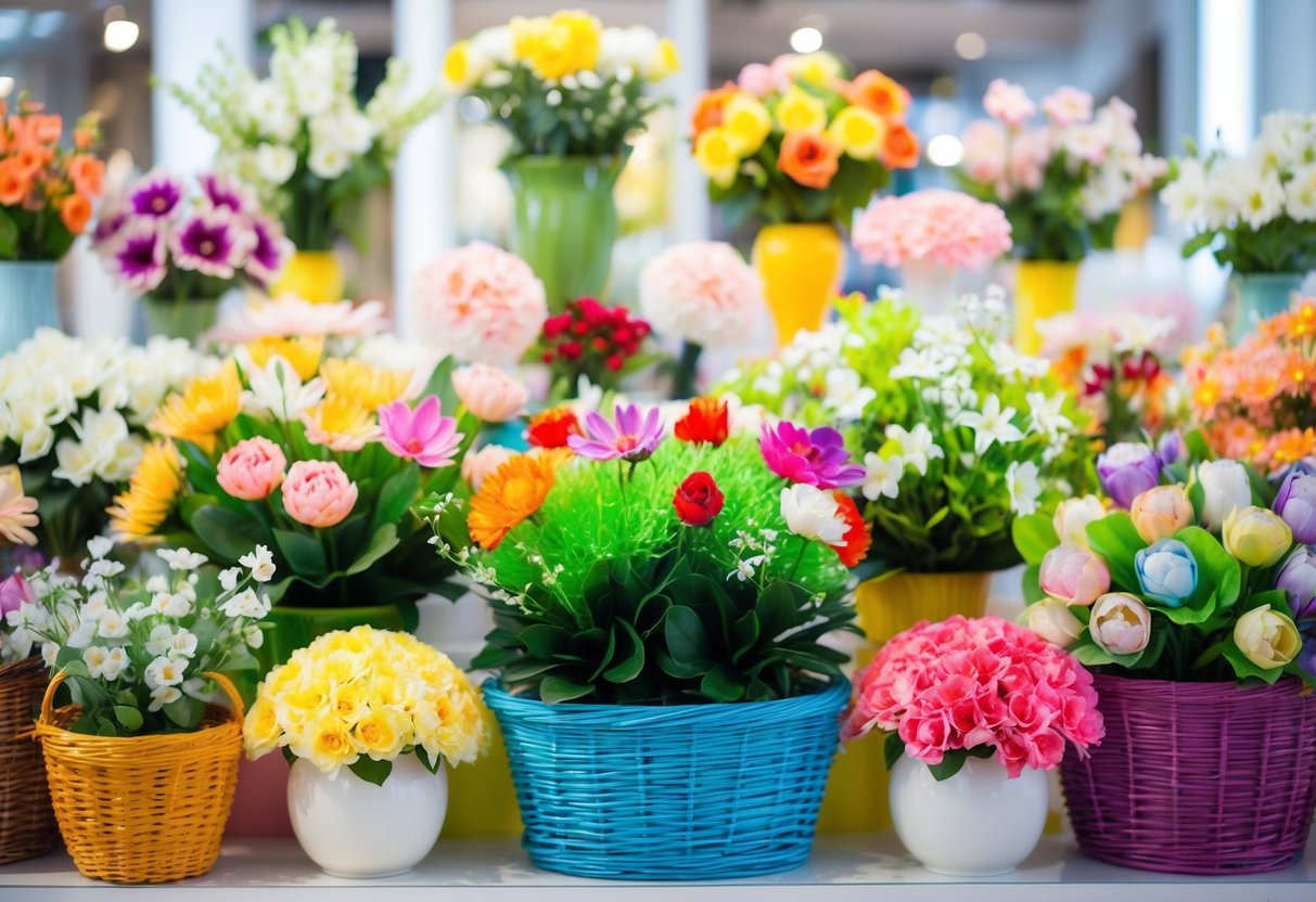A bright and airy flower shop display featuring a variety of artificial flowers arranged in colorful vases and baskets