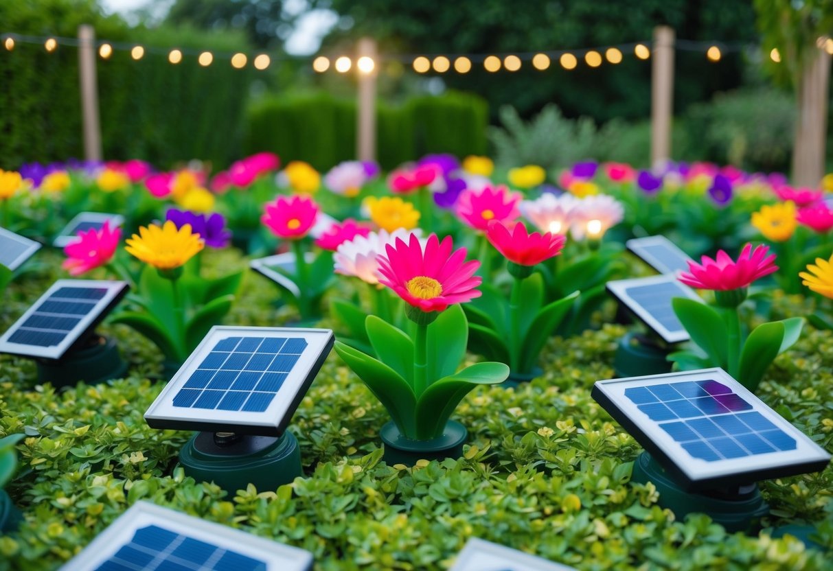 A lush garden of vibrant artificial flowers, surrounded by recycled materials and solar-powered lights, showcasing sustainable and eco-friendly options