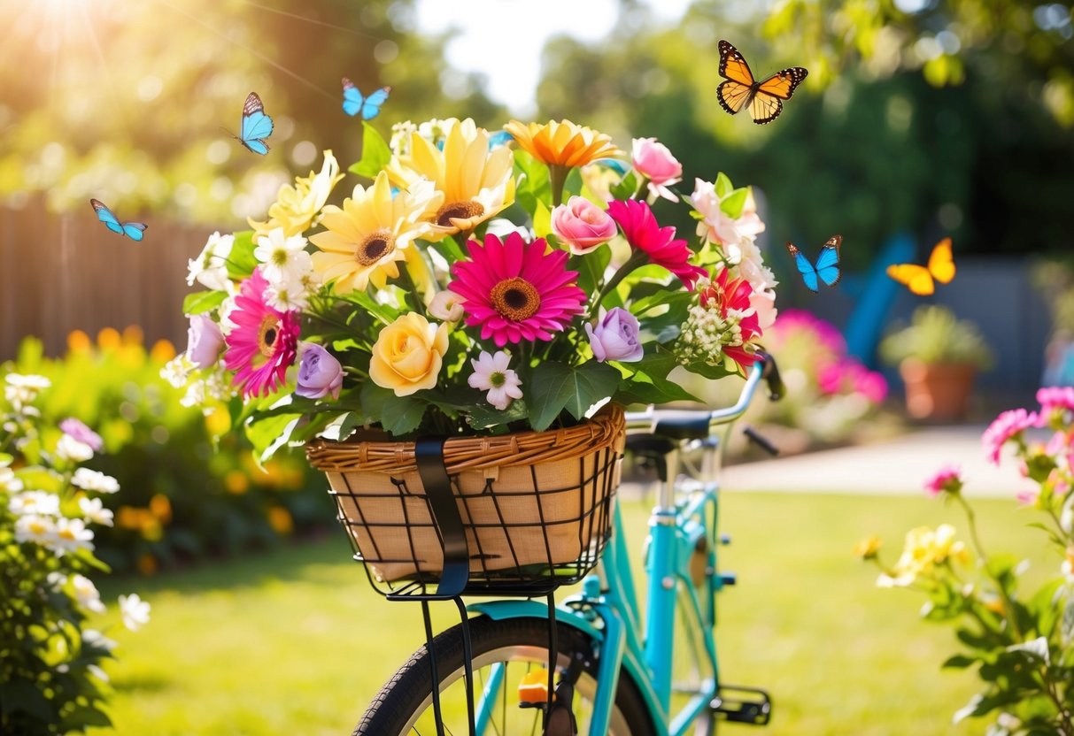 A vibrant bouquet of artificial flowers adorns a bicycle basket, parked in a sun-drenched garden. Butterflies flutter around, adding a touch of whimsy to the scene
