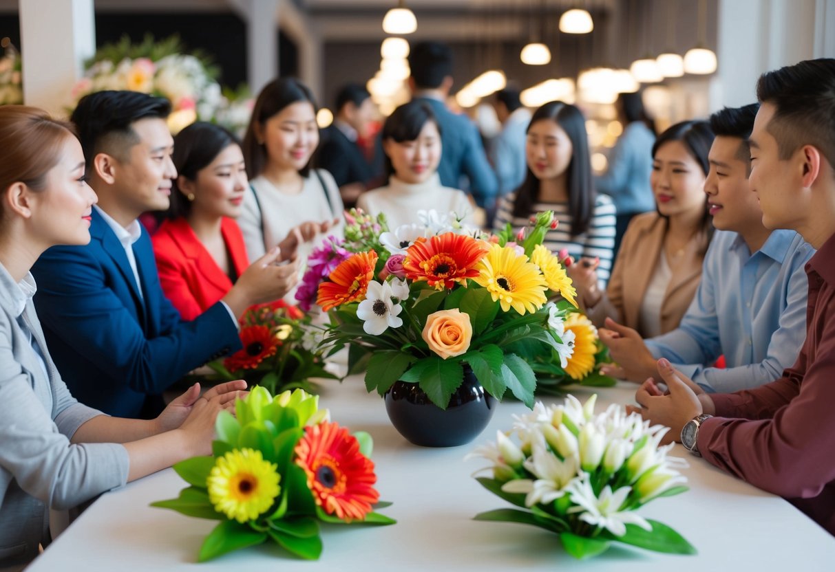 A table with various artificial flowers, surrounded by curious customers asking questions