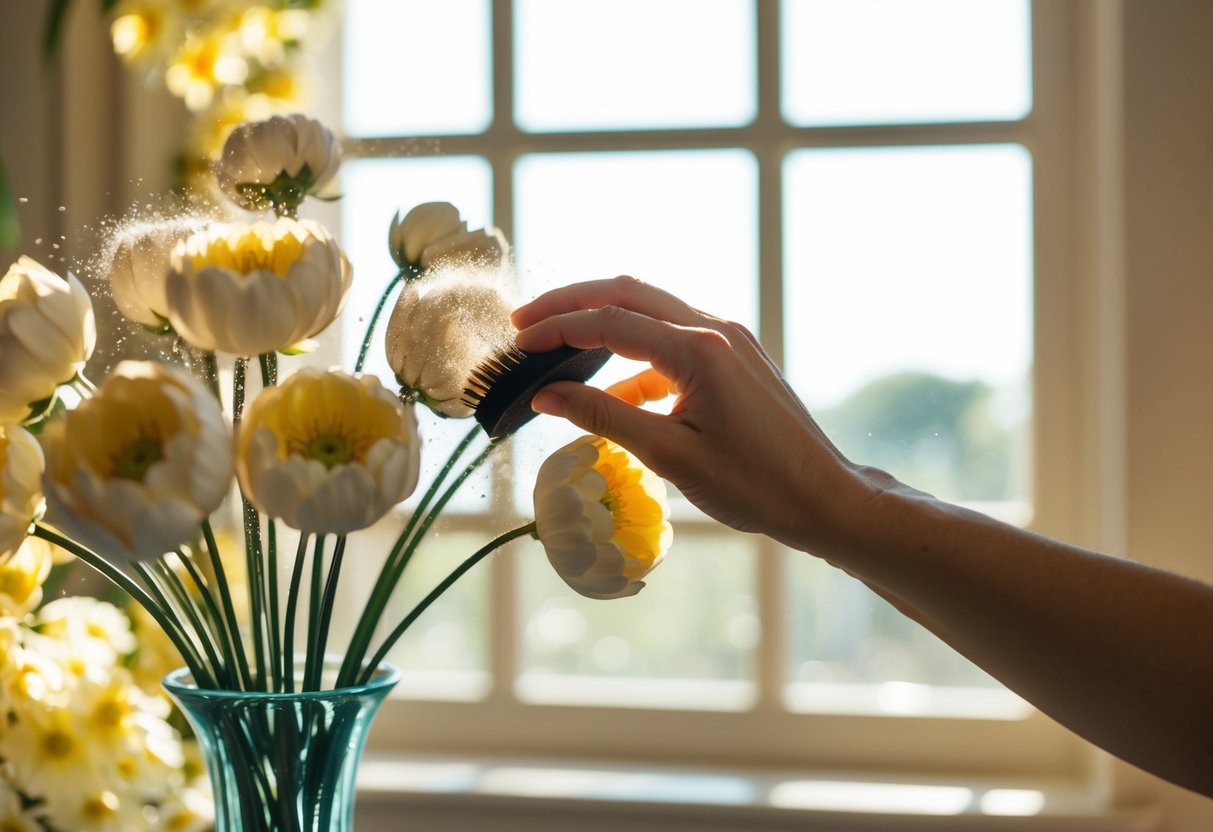 A hand reaching for a vase of silk flowers, gently dusting each petal with a soft brush. Sunlight filters through the window, casting a warm glow on the scene