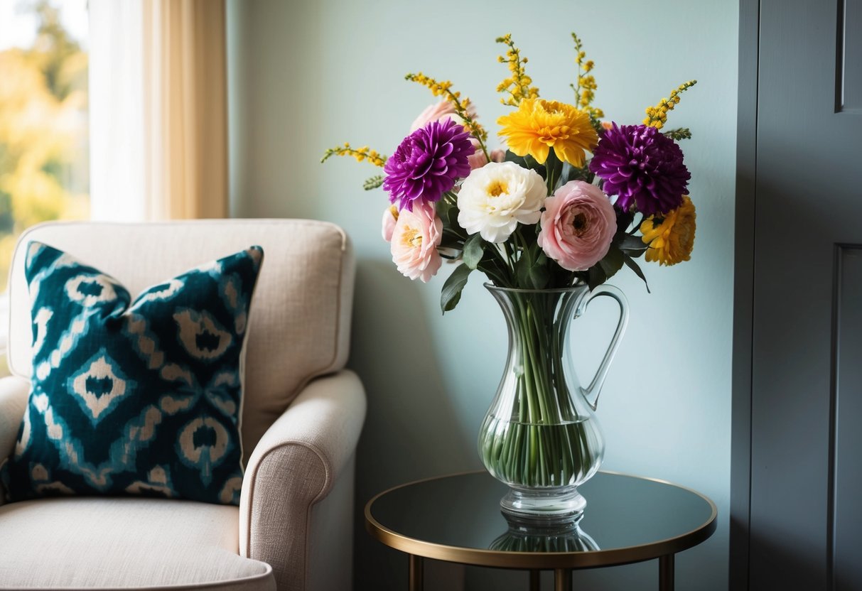 A vase of silk flowers sits on a table next to a cozy armchair, adding a pop of color to the room's decor