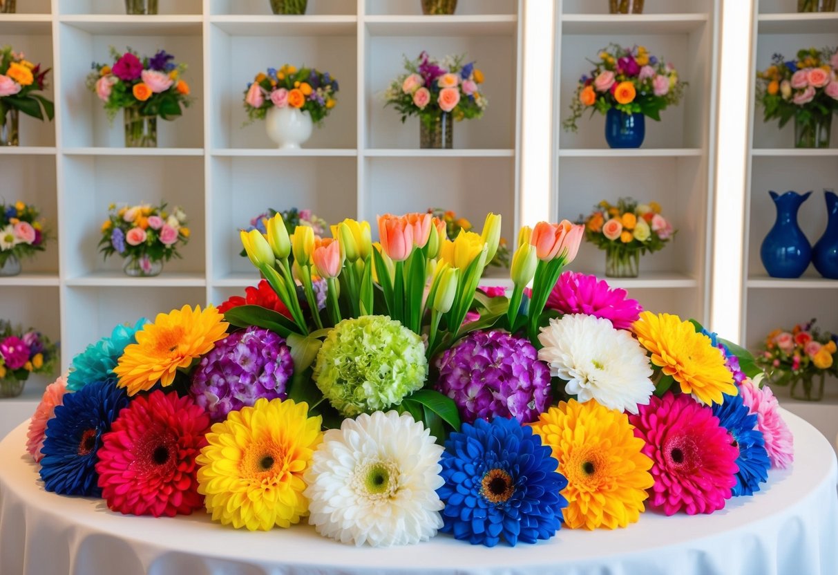 A table adorned with colorful silk flowers, surrounded by shelves of various floral arrangements and vases. Bright lighting highlights the intricate details of each bloom