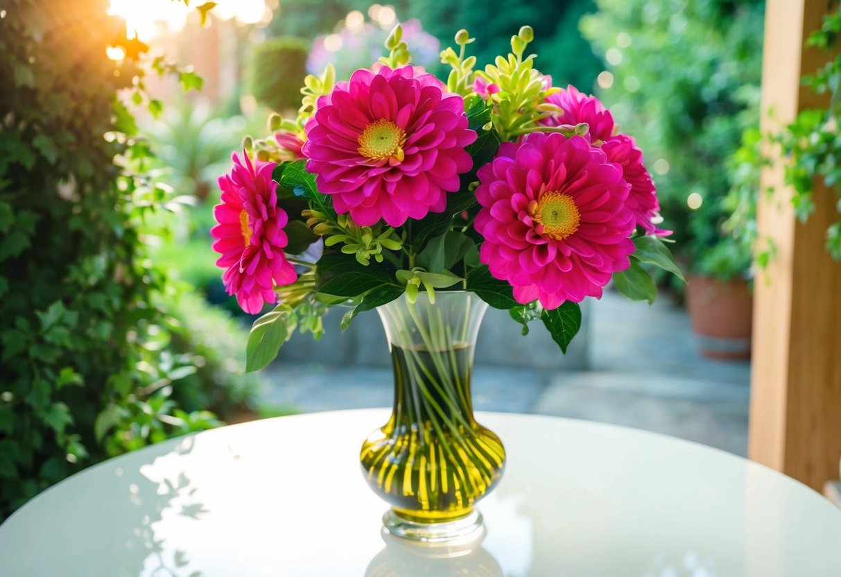 A vase of vibrant silk flowers on a table, surrounded by natural light and greenery