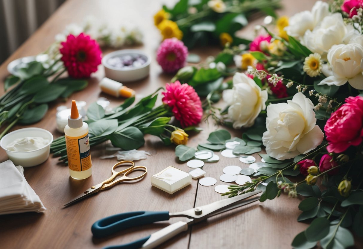 A table scattered with silk flowers, glue, and crafting supplies. A pair of scissors and a finished floral arrangement sit nearby
