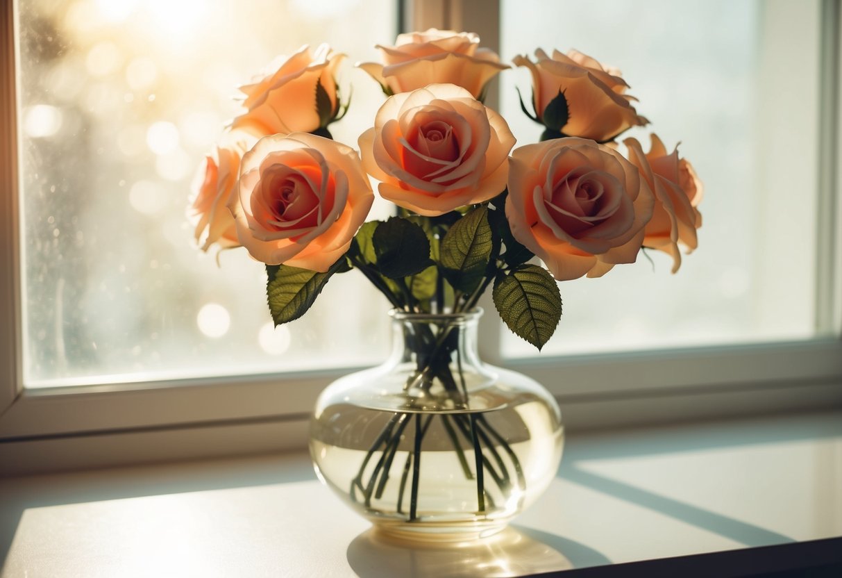 A vase of fake roses sits on a sunlit windowsill, casting a soft, lifelike glow. The petals are perfectly shaped, and the vibrant colors never fade