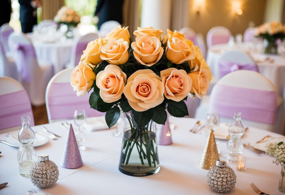 A table adorned with fake roses in a vase, surrounded by wedding decorations and party favors