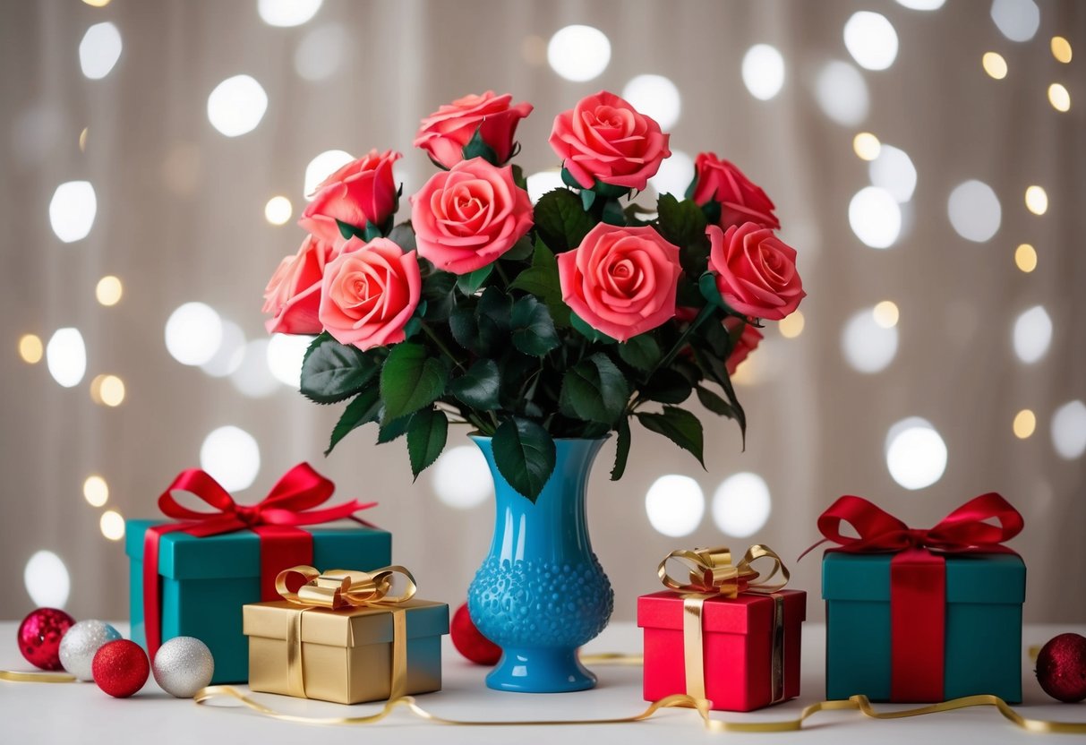 A table adorned with fake roses in a vase, surrounded by gift boxes and ribbons