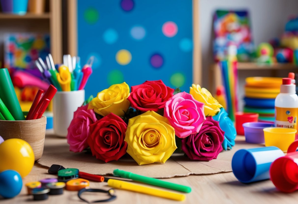 A table covered in colorful fake roses, surrounded by art supplies and children's toys