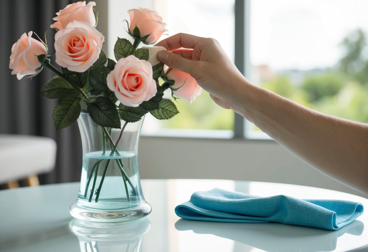 A hand reaching for a vase of fake roses, a soft cloth nearby for dusting
