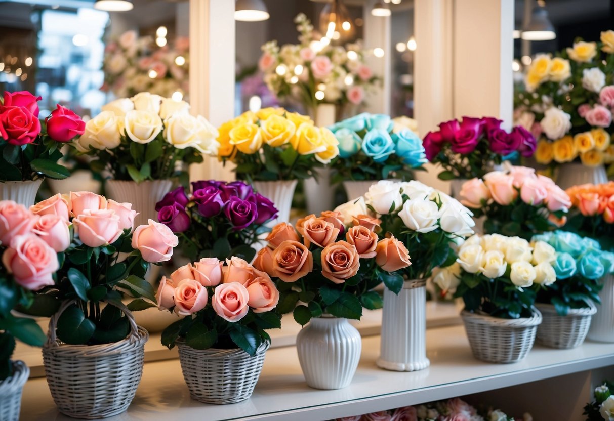 A charming flower shop display showcases lifelike fake roses in various colors and sizes, arranged in elegant vases and baskets