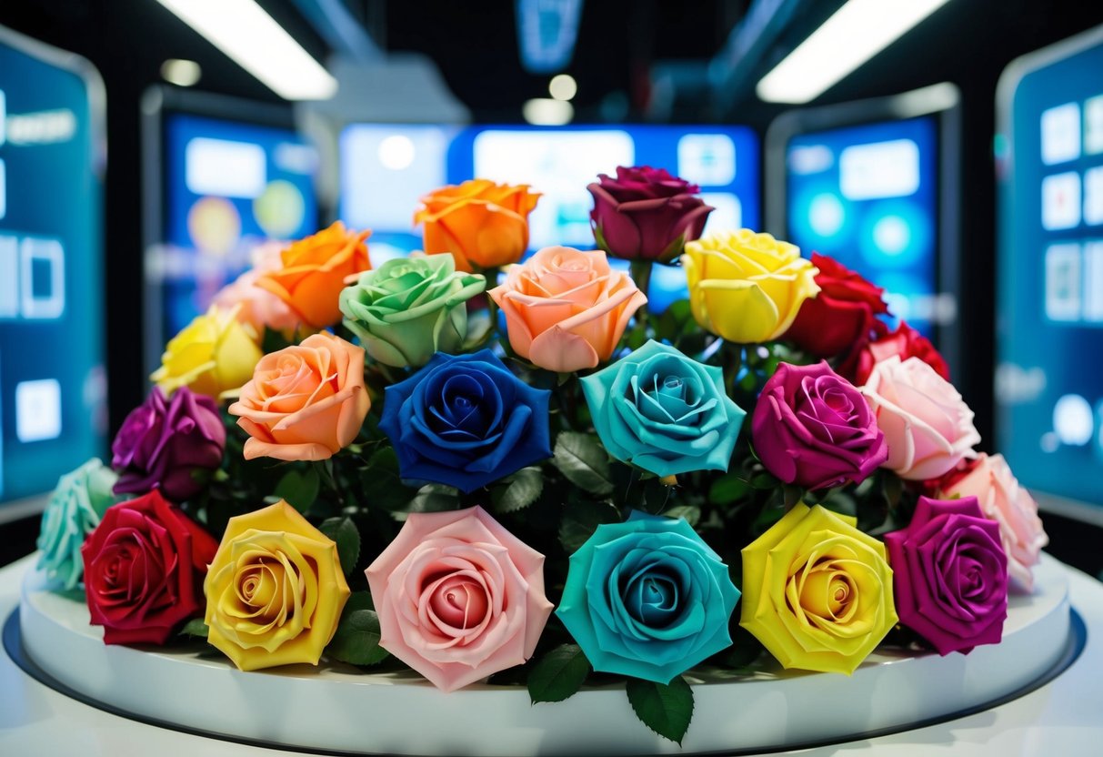 A display of artificial roses in various colors and styles, surrounded by futuristic technology and innovative materials