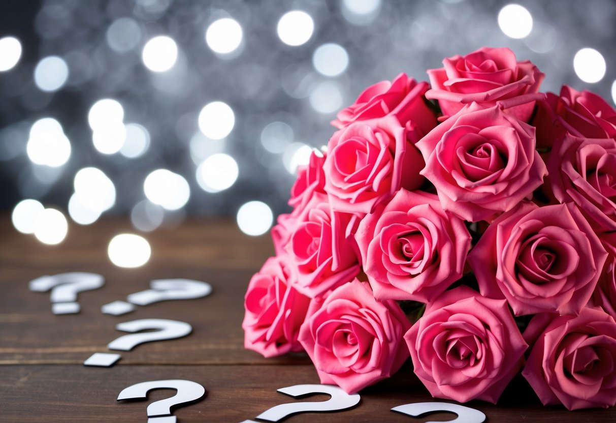 A pile of fake roses surrounded by question marks