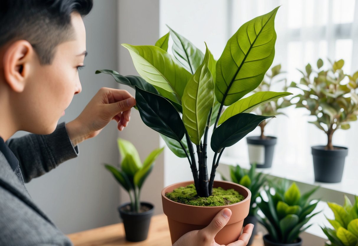 A person carefully examines lifelike faux plants, comparing textures and colors. They hold a potted plant, inspecting its leaves and branches for authenticity