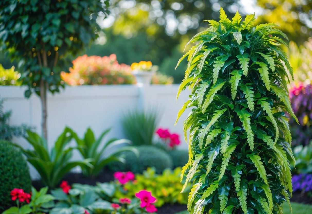 A realistic faux plant towering over a lush, vibrant garden