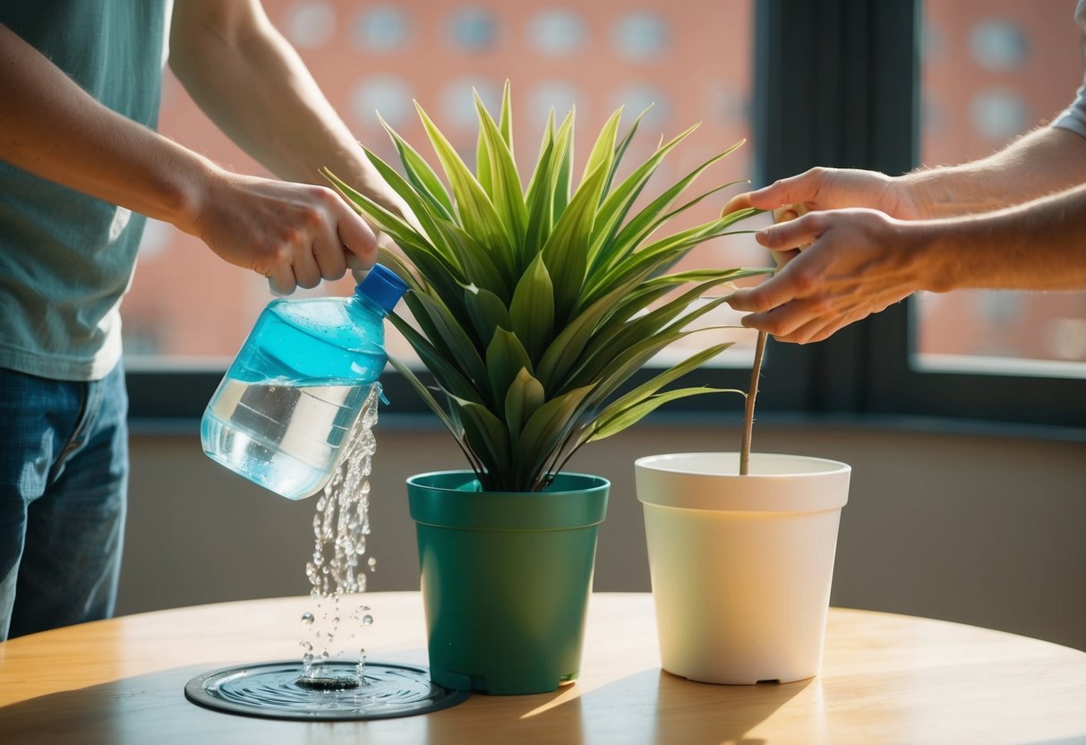 A person overwatering a fake plant, while another person places it in direct sunlight