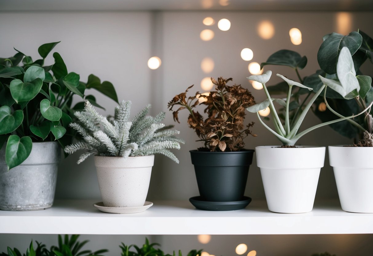 A cluttered shelf with dusty faux plants, next to wilted real ones