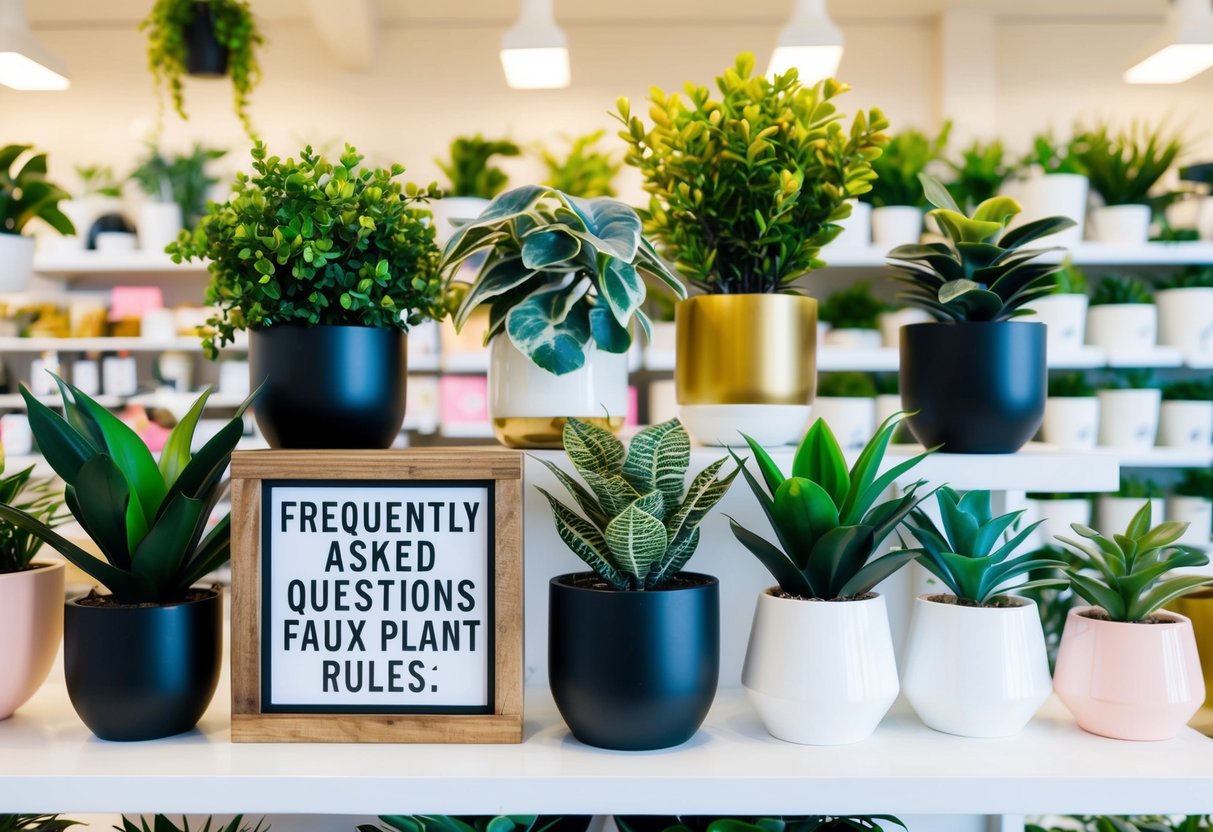 A shelf with various faux plants and a sign reading "Frequently Asked Questions Faux plant rules" displayed in a bright and organized store setting