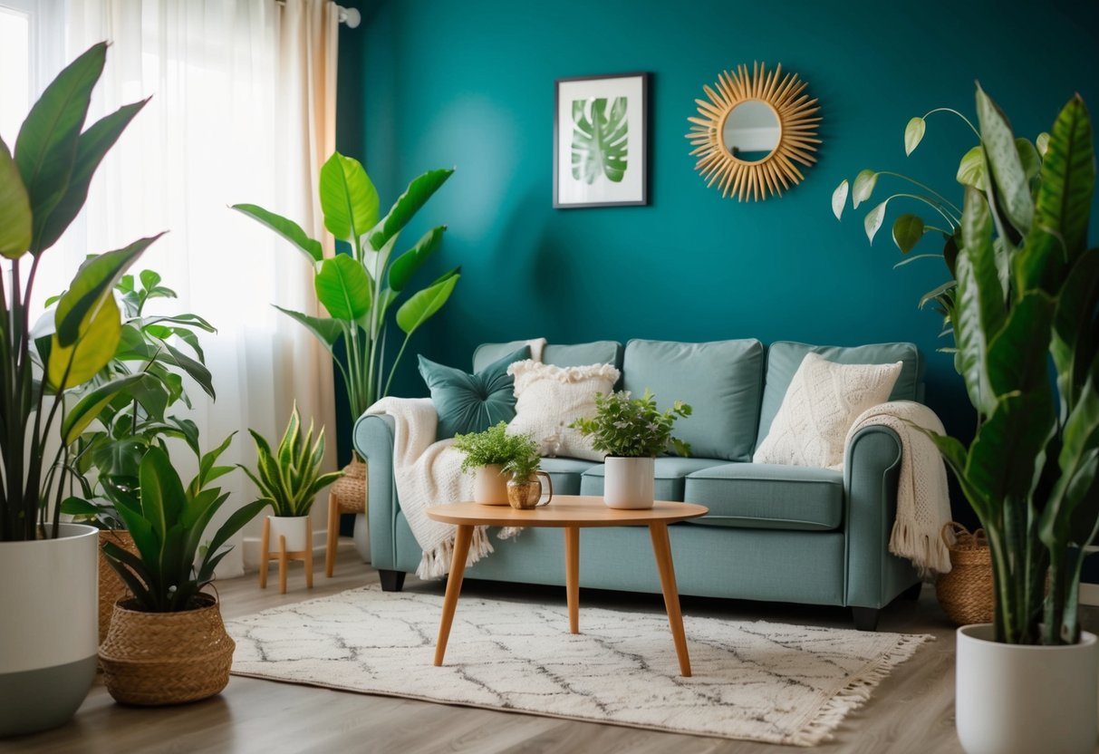 A cozy living room with a mix of real and artificial plants, showcasing the contrast between the natural and artificial aesthetic