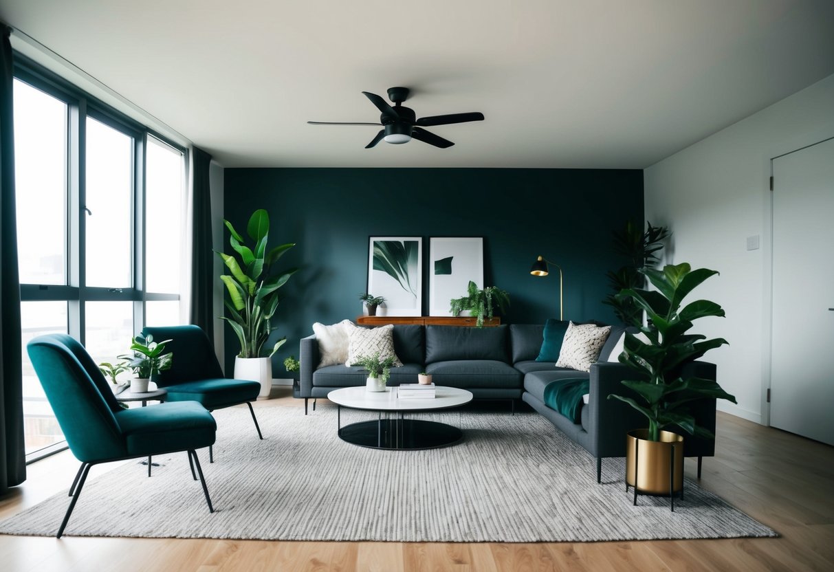 A modern living room with sleek furniture and a mix of real and fake plants, creating a trendy and low-maintenance aesthetic