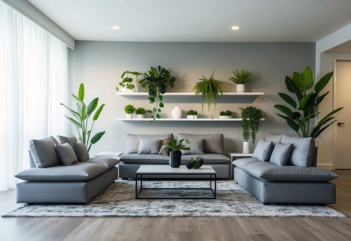 A modern living room with sleek furniture and shelves adorned with stylish fake plants, creating a trendy and low-maintenance aesthetic