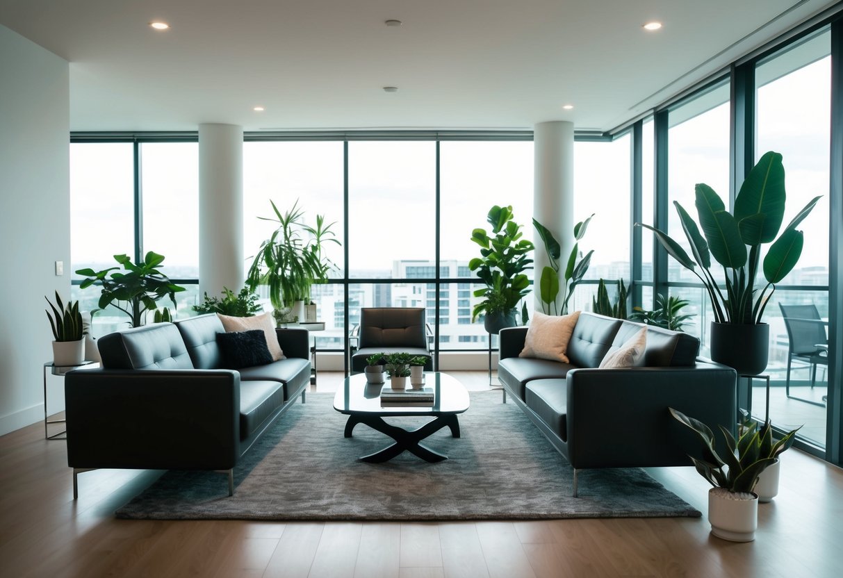 A modern living room with sleek furniture and large windows, featuring a variety of trendy fake plants scattered throughout the space