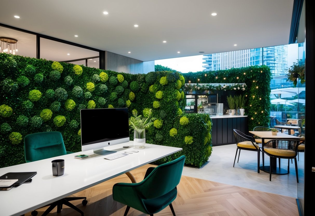 Lush faux greenery adorns a modern home, a sleek office desk, and a trendy outdoor café