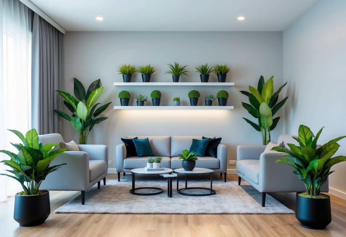 A modern living room with sleek furniture and shelves adorned with lifelike artificial plants in trendy pots