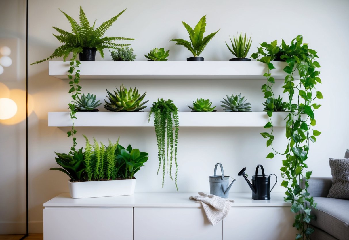 A modern living room with a sleek white shelf displaying a variety of lifelike artificial greenery, including ferns, succulents, and trailing vines. A small watering can and a dusting cloth sit nearby