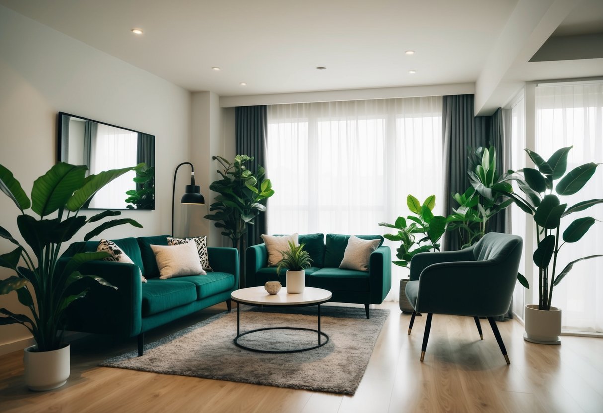A modern living room with a mix of real and fake plants, showcasing the trendy and stylish use of artificial greenery in home decor