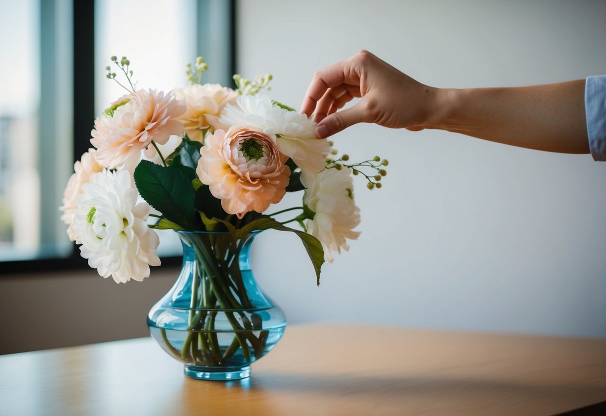 A hand reaches for a vase, filled with silk flowers, arranging them carefully