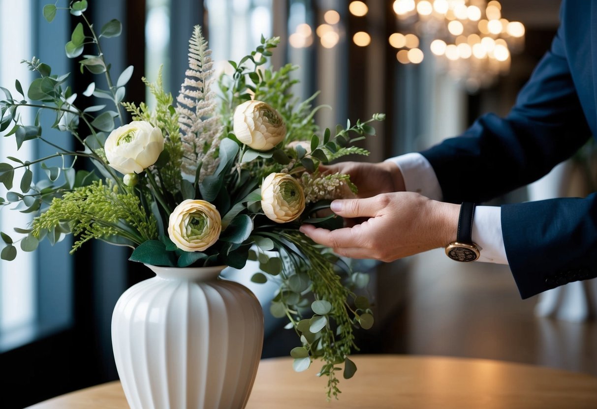 A hand reaches for a vase, filled with silk flowers and greenery, arranging them in an elegant display