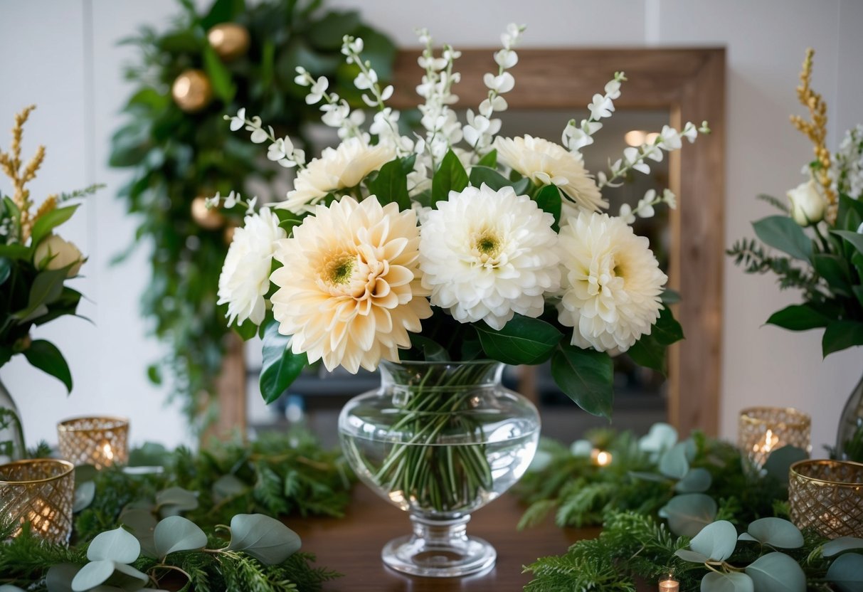 Silk flowers arranged in a clear vase, surrounded by greenery and other decorative elements