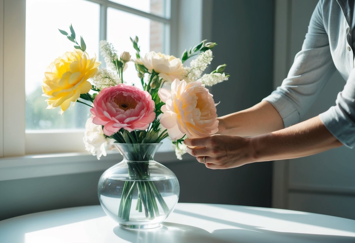A hand arranging silk flowers in a clear vase on a table. Sunlight streams through a nearby window, casting a soft glow on the scene