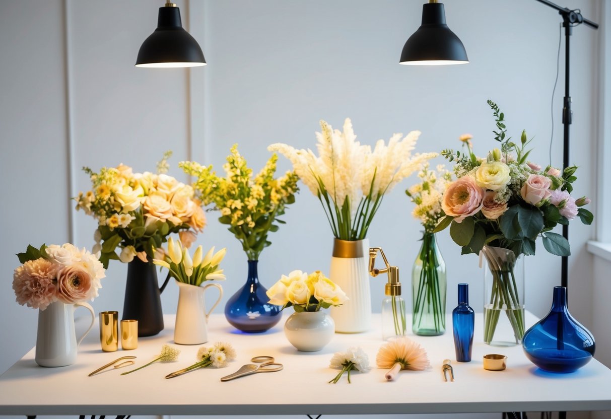 A table with various silk flowers, vases, and arranging tools. Bright lighting and a clean, organized workspace