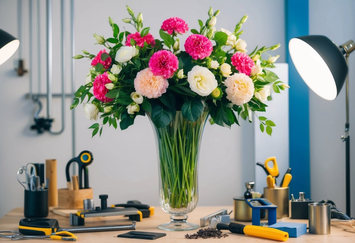 Silk flowers arranged in a tall glass vase with advanced techniques, surrounded by various tools and materials