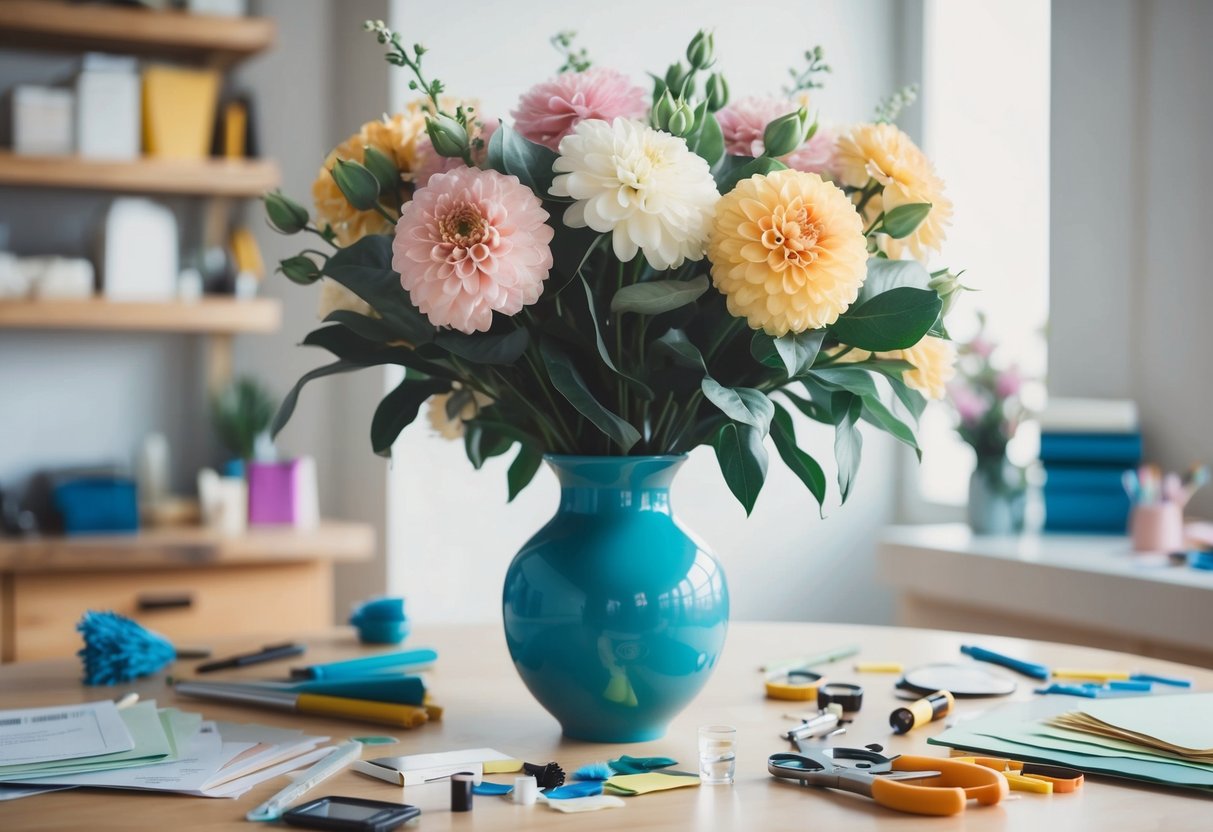 A table with a vase filled with silk flowers, surrounded by scattered tutorial materials and tools