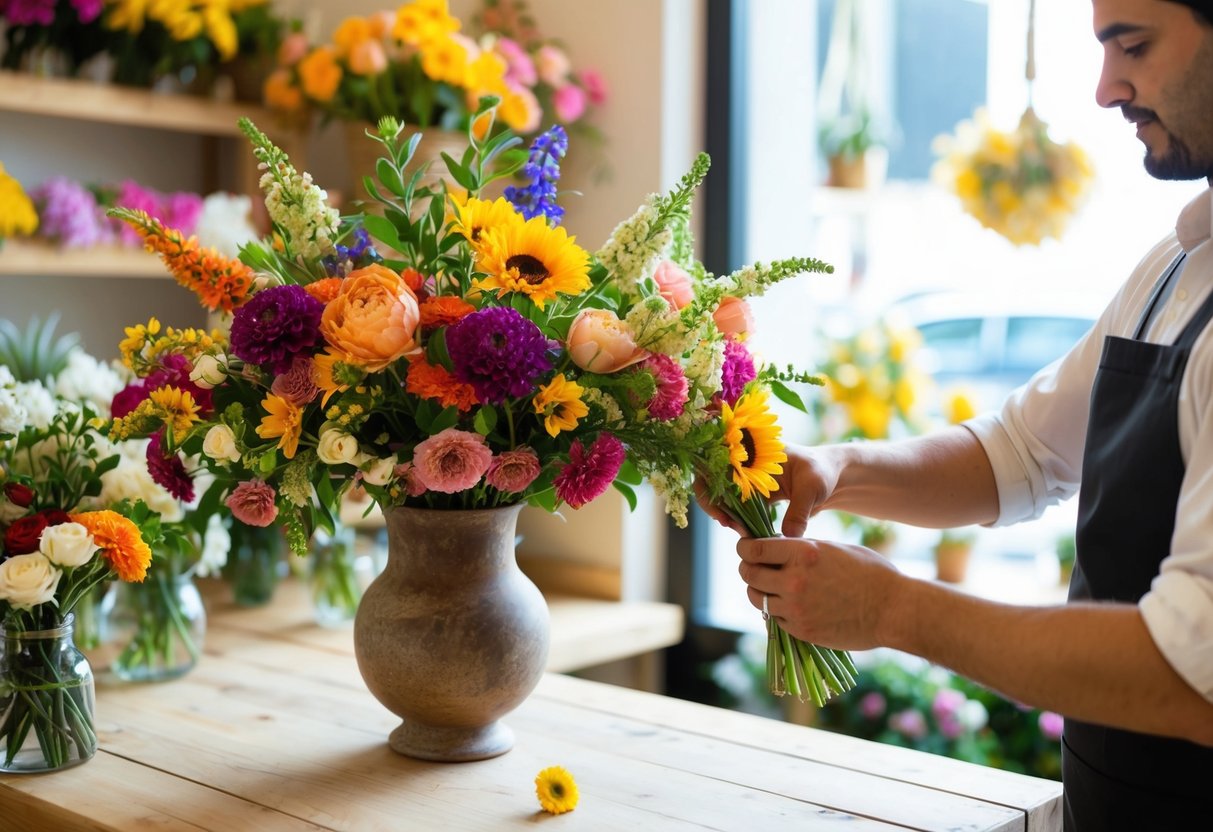A colorful bouquet of seasonal flowers being carefully arranged in a rustic vase by a florist in a sunlit flower shop