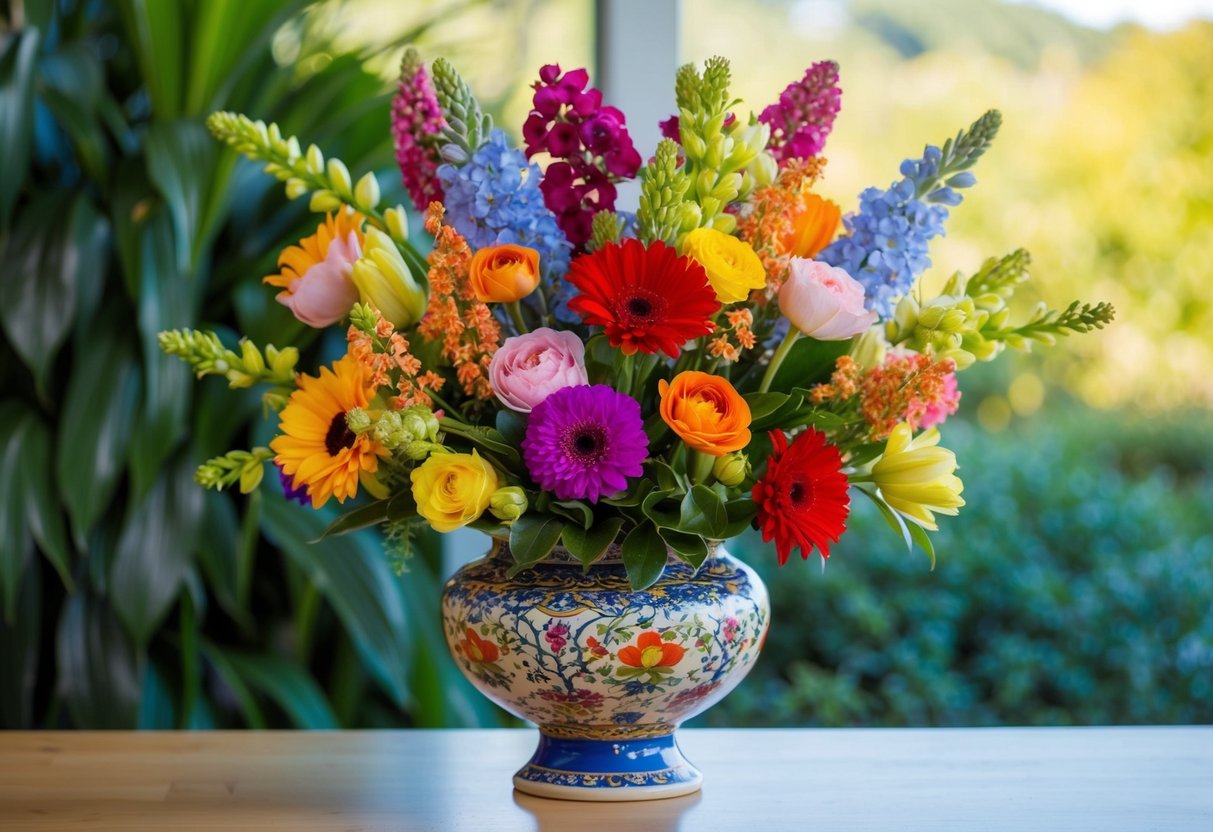A colorful array of seasonal flowers arranged in a decorative vase, with a backdrop of lush greenery and soft natural lighting