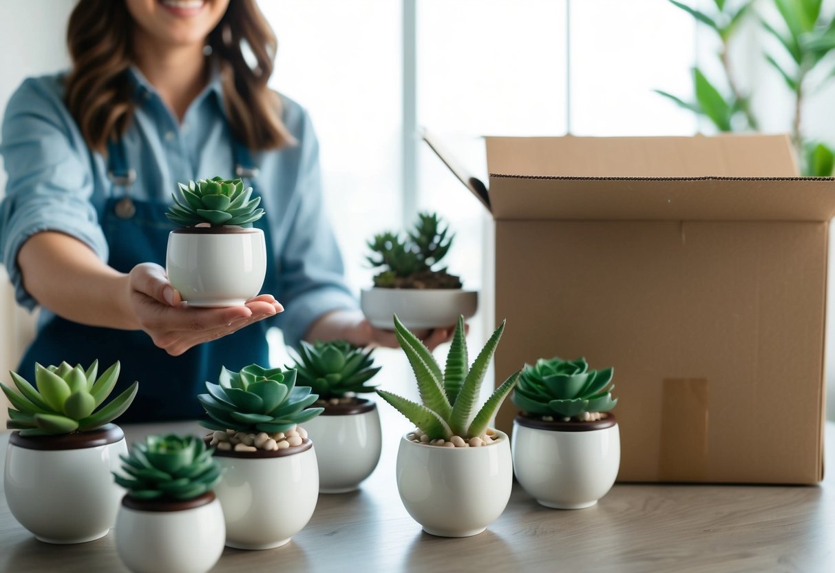 A person selects ceramic succulents from a variety of options, places an order, and receives a package at their doorstep