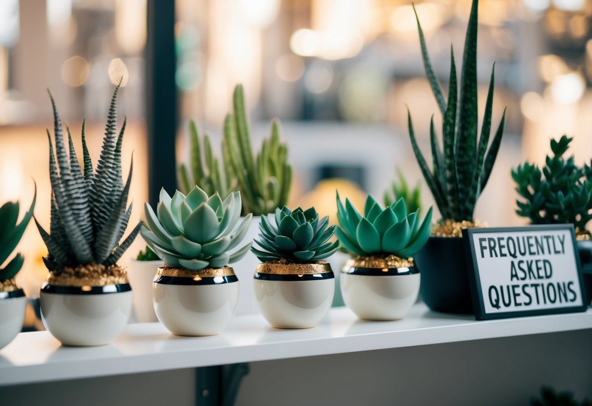 A collection of ceramic succulents arranged on a shelf with a sign reading "Frequently Asked Questions" nearby
